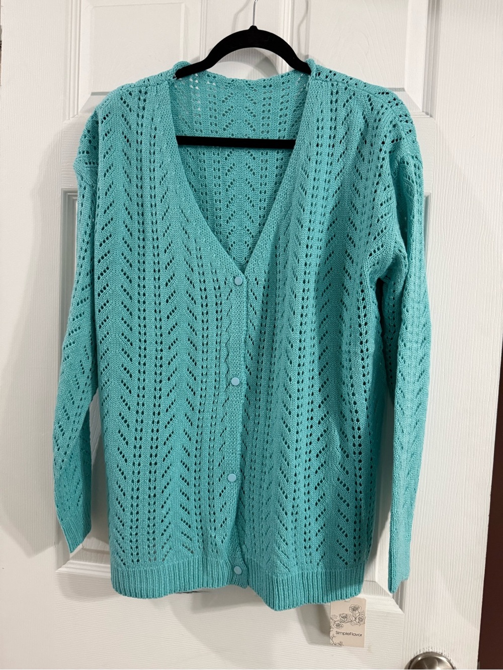 Women’s Light Teal Open-Knit V-Neck Cardigan Sweater XL